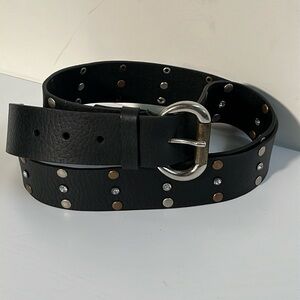 CALVIN KLEIN Moto Rhinestone Brass & Silver Stud/Buckle Black Leather Belt SZ XL